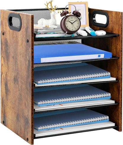 Wood Desk Organizer - 3-Tier Desktop File Organizer with Drawer, Wooden Paper Tray, Office Desk Organzier and Accessories for Papers, Mail, Notebooks, Stationery