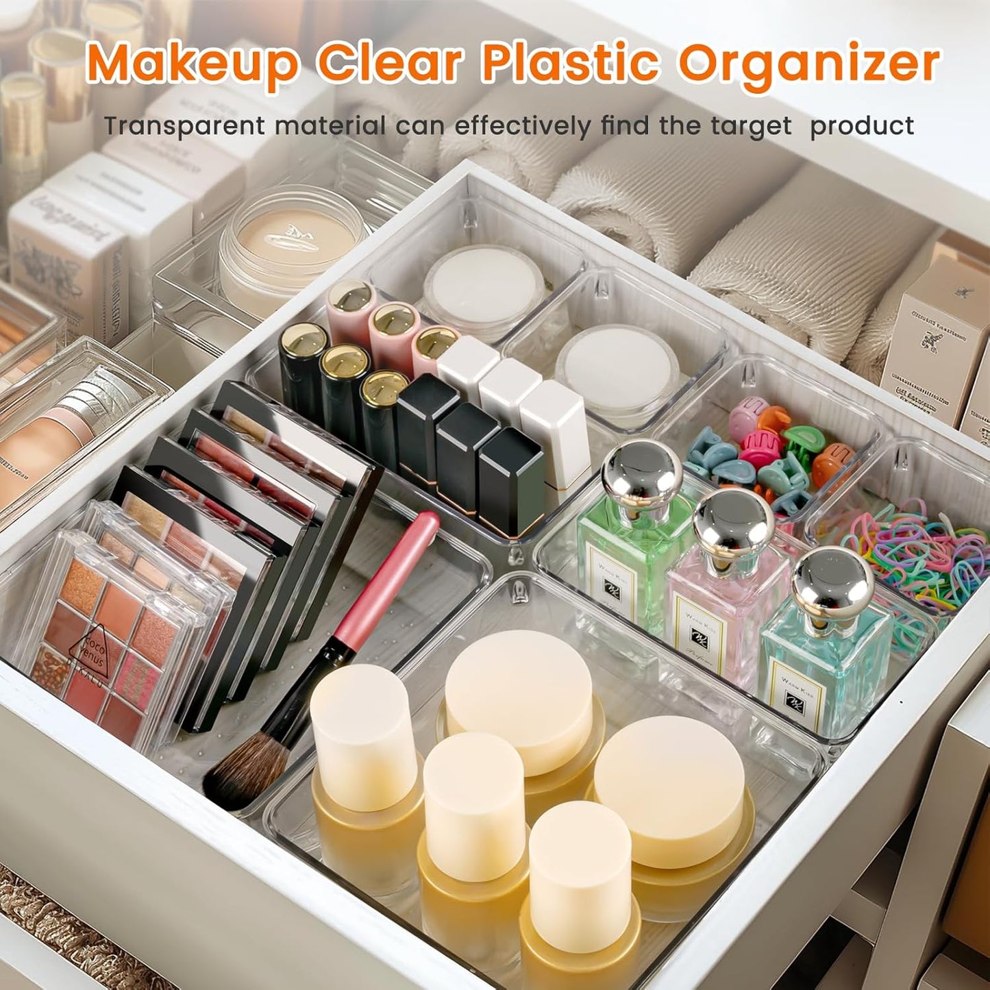 Criusia Drawer Organizer, 10 Pack Large Clear Plastic Set, 3 Size Versatile Bathroom and Vanity Organizer Trays, Storage Bins for Makeup, Bedroom, Kitchen Utensils