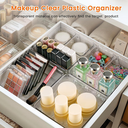 Criusia Drawer Organizer, 10 Pack Large Clear Plastic Set, 3 Size Versatile Bathroom and Vanity Organizer Trays, Storage Bins for Makeup, Bedroom, Kitchen Utensils