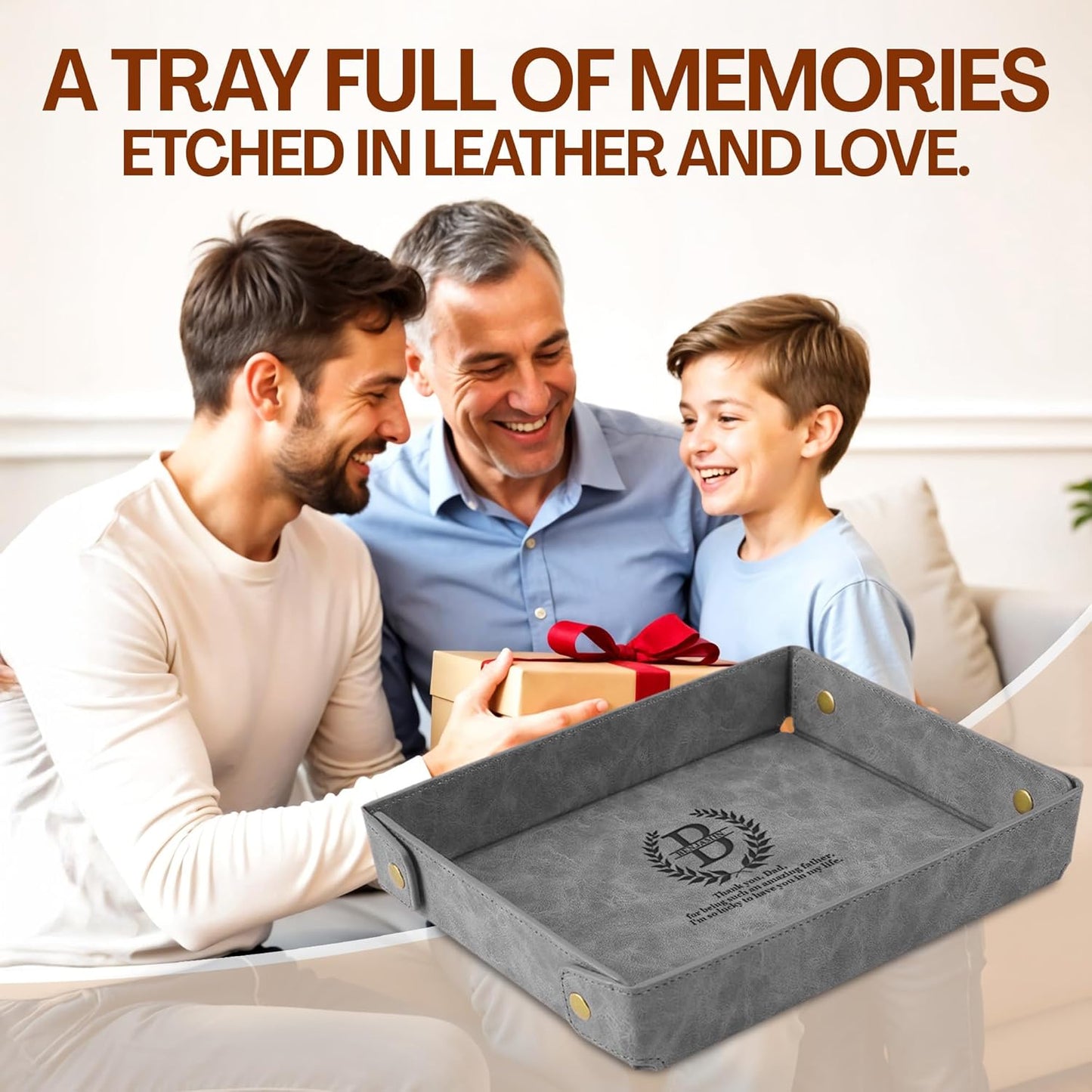 Engraved Leather Valet Tray for Men – Personalized Catchall with Custom Name for Desk, Dresser, Nightstand – Men's Organizer Tray for Keys, Wallet, Jewelry, Personalized Gift for Home, Office - Coffee