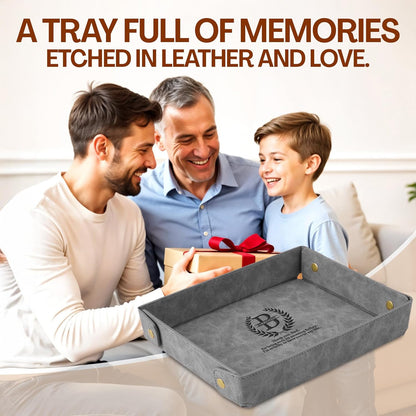 Engraved Leather Valet Tray for Men – Personalized Catchall with Custom Name for Desk, Dresser, Nightstand – Men's Organizer Tray for Keys, Wallet, Jewelry, Personalized Gift for Home, Office - Coffee