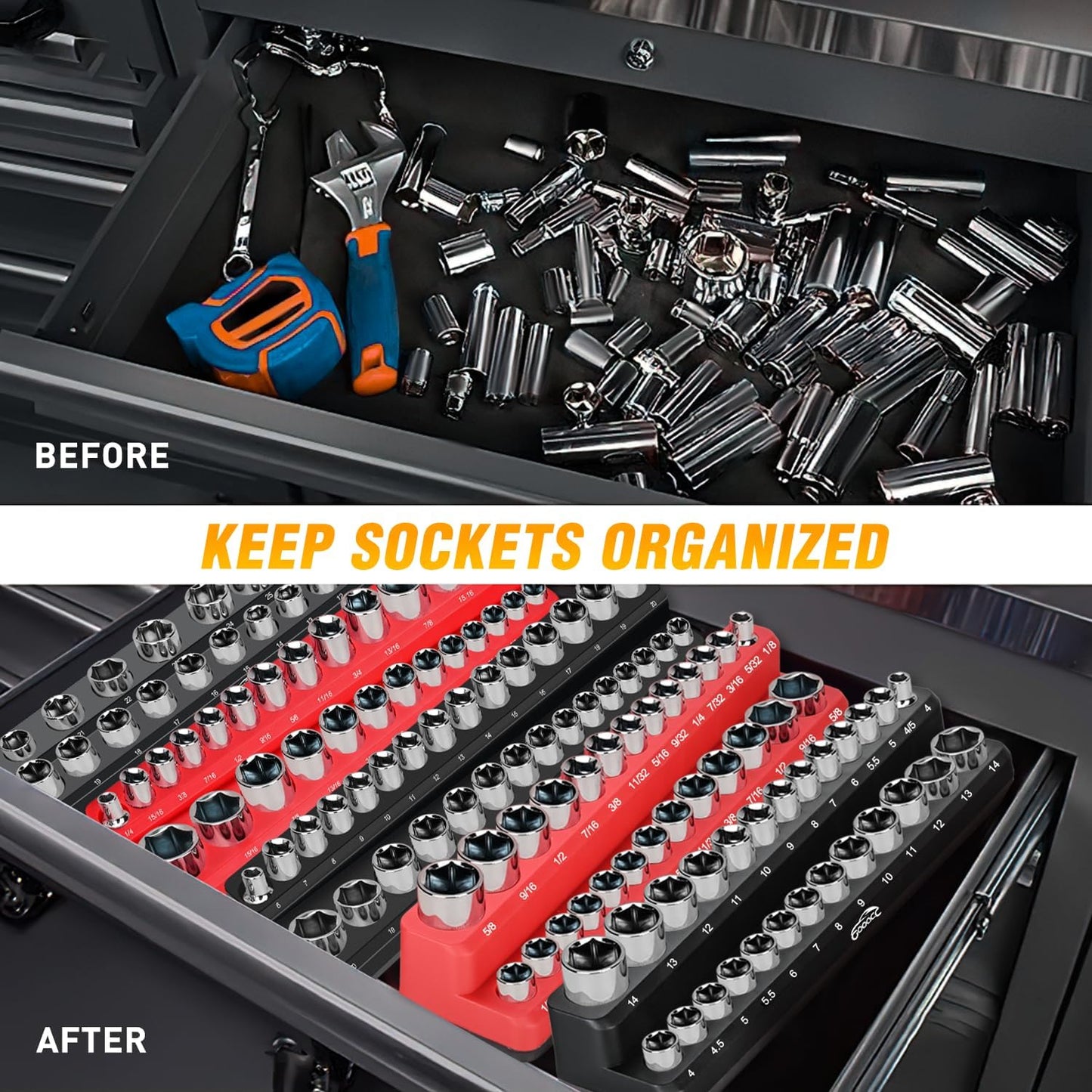 GOOACC 1/4" Magnetic Socket Organizer, 2 Pieces Socket Holder Metric SAE Socket Tray, 1/4 inch Socket Organizer Tray Holds 52 Standard Sockets for Tool Box Drawer
