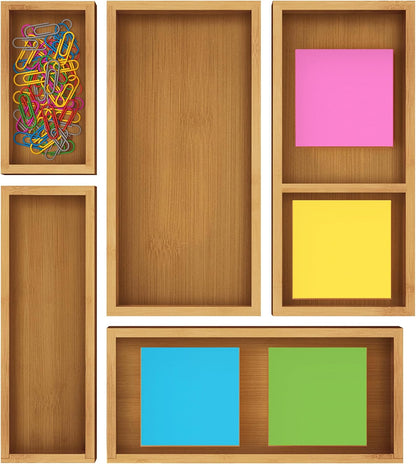 ROYAL CRAFT WOOD 5-Piece Bamboo Drawer Organizer Set – Multi-Use Storage Trays for Kitchen, Bathroom, Office, Makeup, Jewelry & More – Junk Drawer Tray, Utensil Holder, Storage Box & Bin Set (5 Boxes)