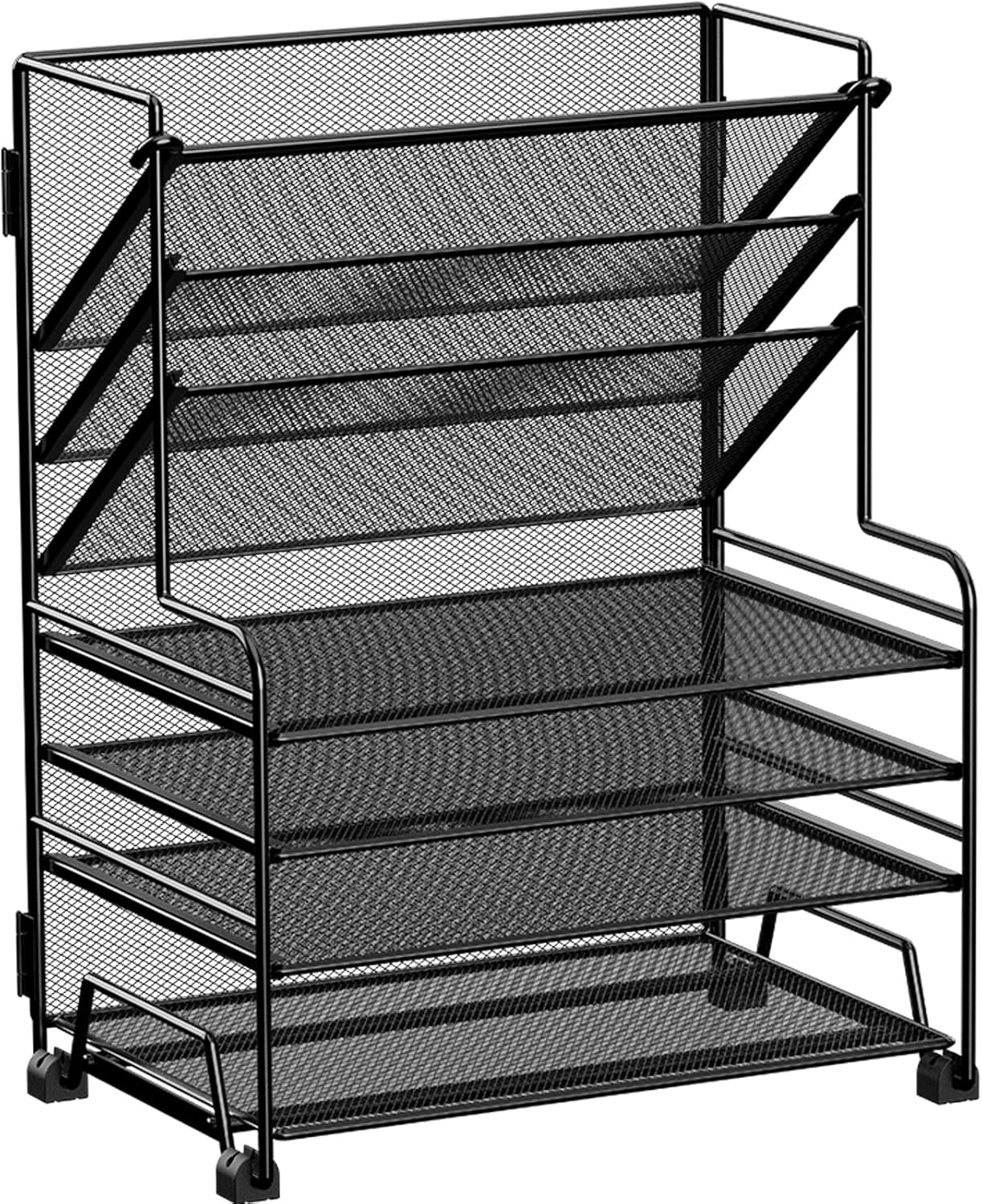 MINDEPOT 4-Tier Paper Organizer + 3-Pocket File Holder + Drawer + Pen Holders, Desktop File Organizers Paper Tray for Office Accessories School Classroom Organization (Black)