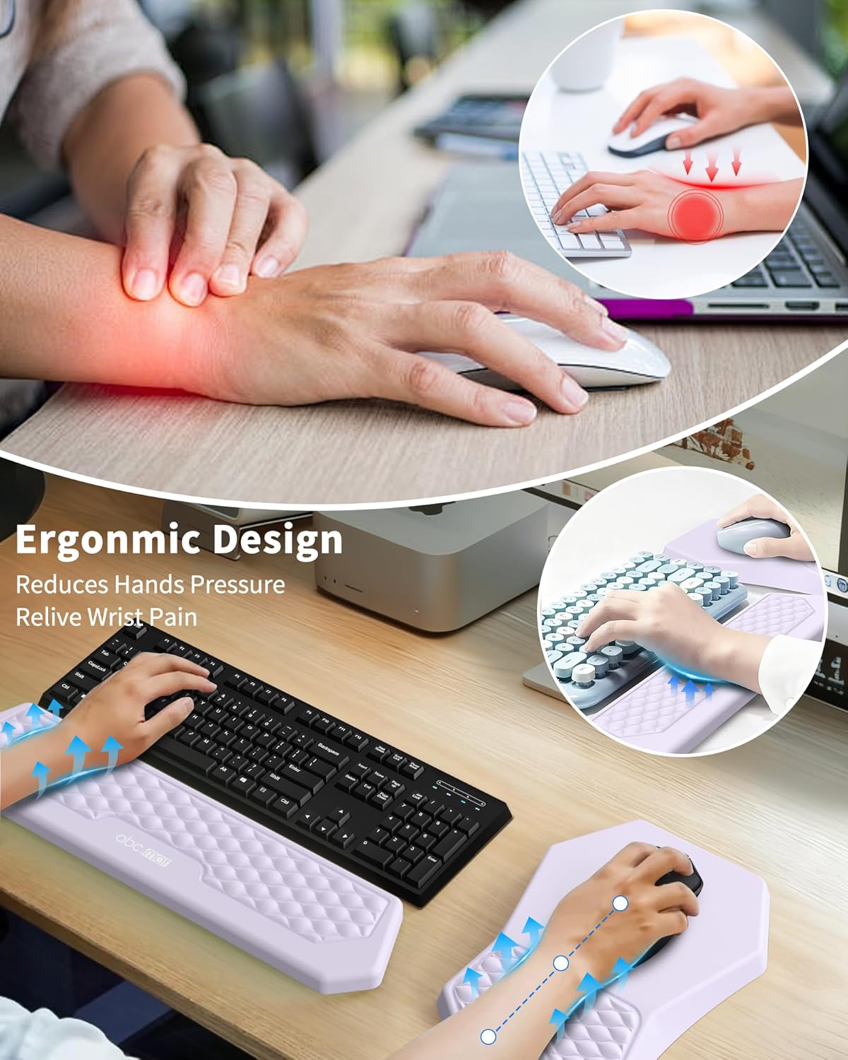 Ergonomic Mouse Pad and Keyboard Wrist Rest Support Set, Massage Design Mousepad for Carpal Tunnel Pain Relief, Memory Foam, Non-Slip PU Base for Computer Desk, Baby Blue
