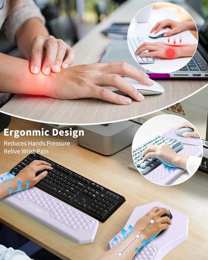 Ergonomic Mouse Pad and Keyboard Wrist Rest Support Set, Massage Design Mousepad for Carpal Tunnel Pain Relief, Memory Foam, Non-Slip PU Base for Computer Desk, Baby Blue