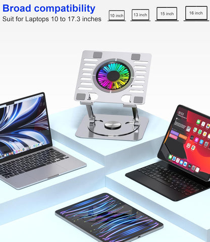 Laptop Stand,with 360°Rotating Base,External Cooling Fan,Adjustable RGB Lighting,Ergonomic Foldable Notebook Computer Holder.Compatible with All 10-17" Laptops Tablets,Silver