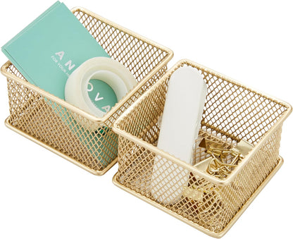 Annova Stackable Mesh Drawer Cabinet and Shelf Organizer Bins Storage Basket School Office Supply Holder Tray- Set of 2 (Gold, 3x3x2 Inch)