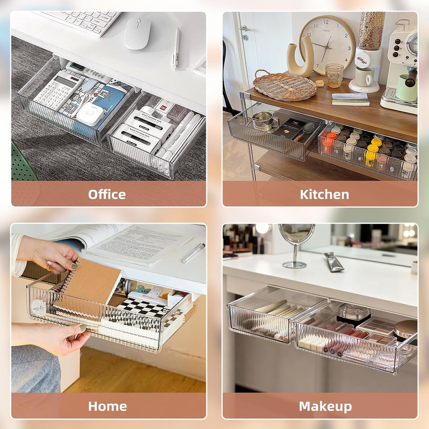2Pcs Under Desk Storage Drawers Slide Out,Large&Medium, Stick On Desk Drawer Organizer Hidden Under Table Drawer for Home Office School Organization and Storage-Transparent Black