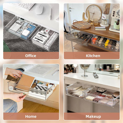 2Pcs Under Desk Storage Drawers Slide Out,Large&Medium, Stick On Desk Drawer Organizer Hidden Under Table Drawer for Home Office School Organization and Storage-Transparent Black