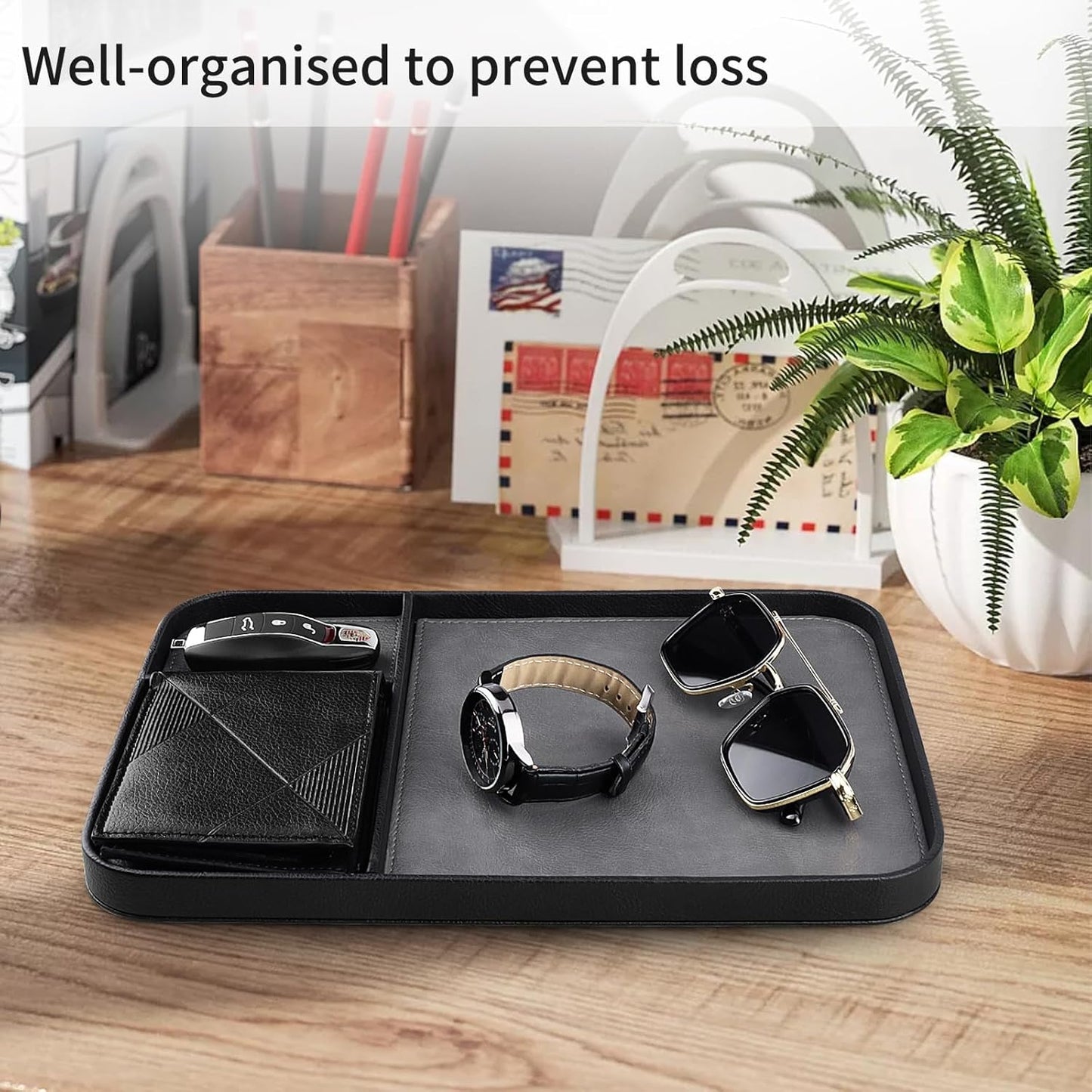 SENEN Leather Tray, Stylish and Organized Multifunctional Tray, for Table Entryway, Premium PU Leather, Catchall Tray for Keys, Watch, Wallet, Jewelry, and More (Black Frame)