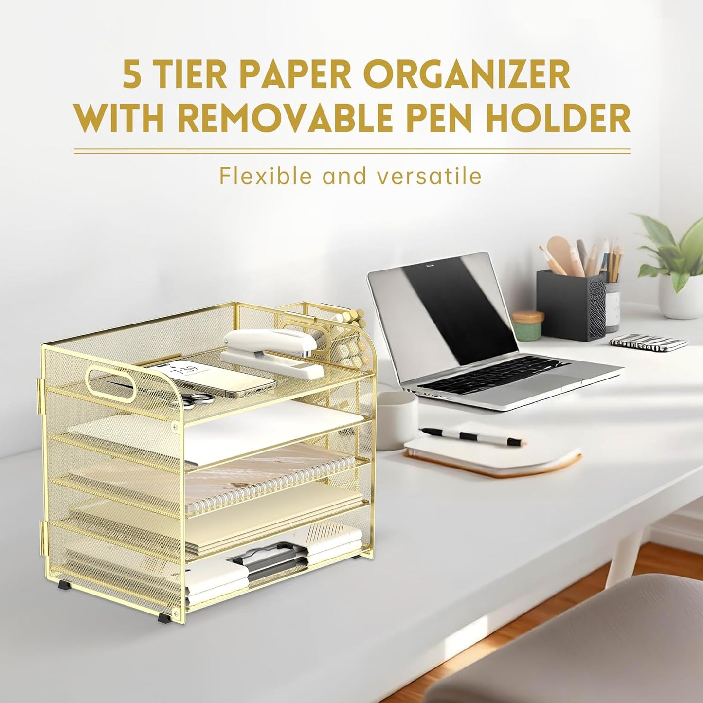 SUPEASY 5 Tier Desk Organizer with Handle & Removable Pen Holders, Mesh Paper/File Organizer for Desk, Paper Letter Tray Organizer for Office Supplies (Black)