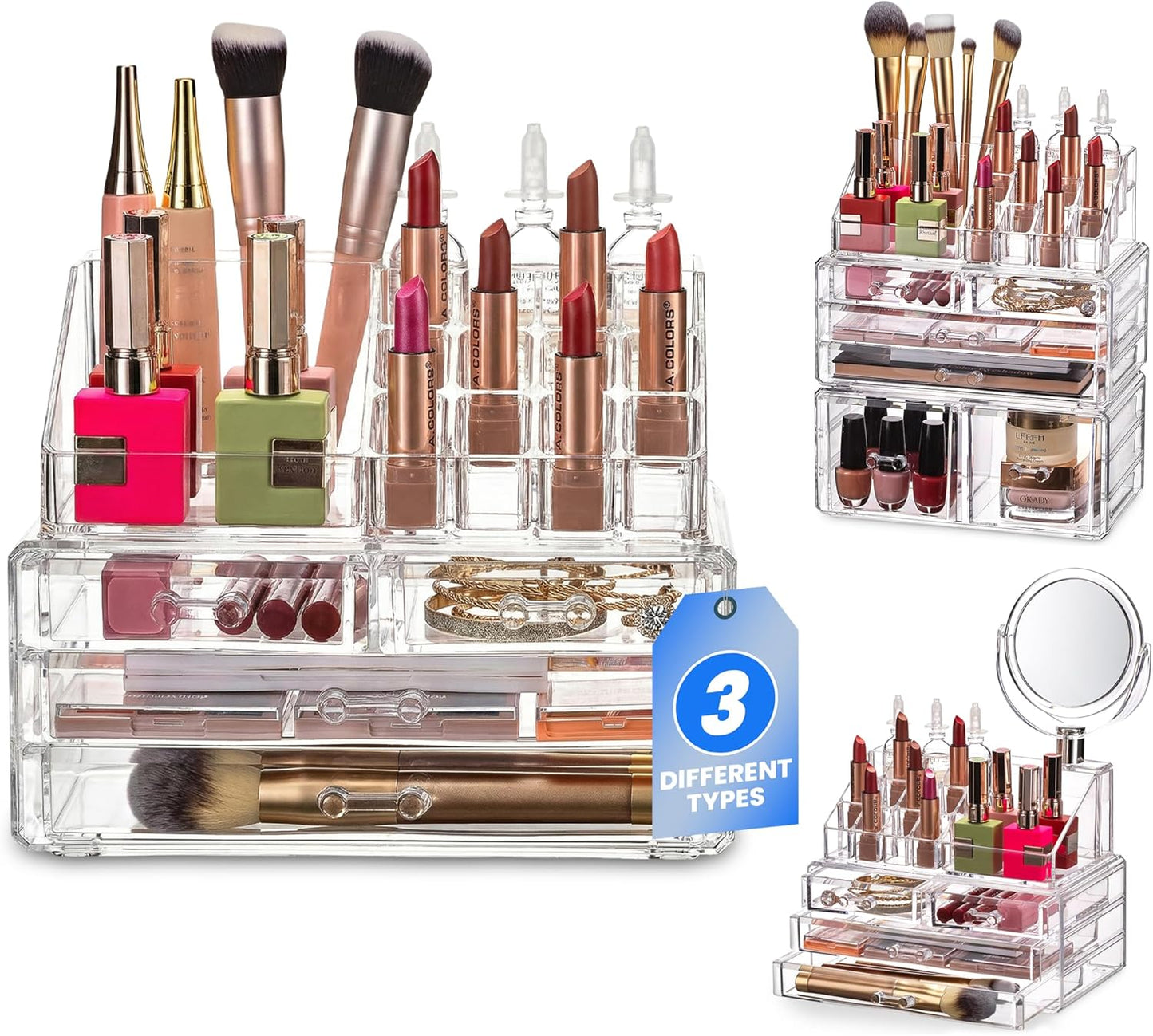 Masirs Clear Makeup Organizer - 16-Compartment Cosmetic and Jewelry Holder with 4 Drawers - Vanity Storage Box for Makeup, Skincare, Accessories, and Jewelry Display