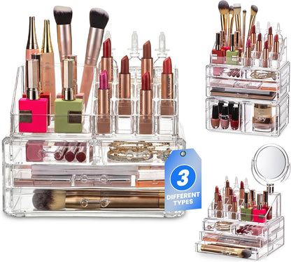 Masirs Clear Makeup Organizer - 16-Compartment Cosmetic and Jewelry Holder with 4 Drawers - Vanity Storage Box for Makeup, Skincare, Accessories, and Jewelry Display