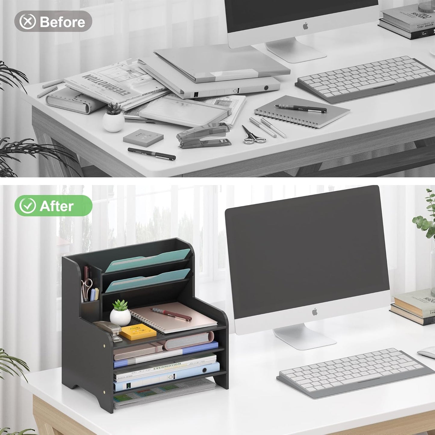 Bamboo Desk Organizer Mail Holder Countertop Letter Tray File Organizer for Desk Letter Sorter Paper File Storage for School Home Office Supplies