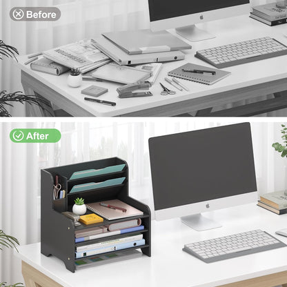 Bamboo Desk Organizer Mail Holder Countertop Letter Tray File Organizer for Desk Letter Sorter Paper File Storage for School Home Office Supplies