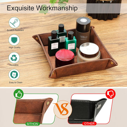 SITHON Valet Tray Desktop Storage Organizer – Premium PU Leather Catchall Bedside Vanity Tray Nightstand Caddy Holder for Keys, Phone, Wallet, Coin, Valentine's Day Gift, Brown