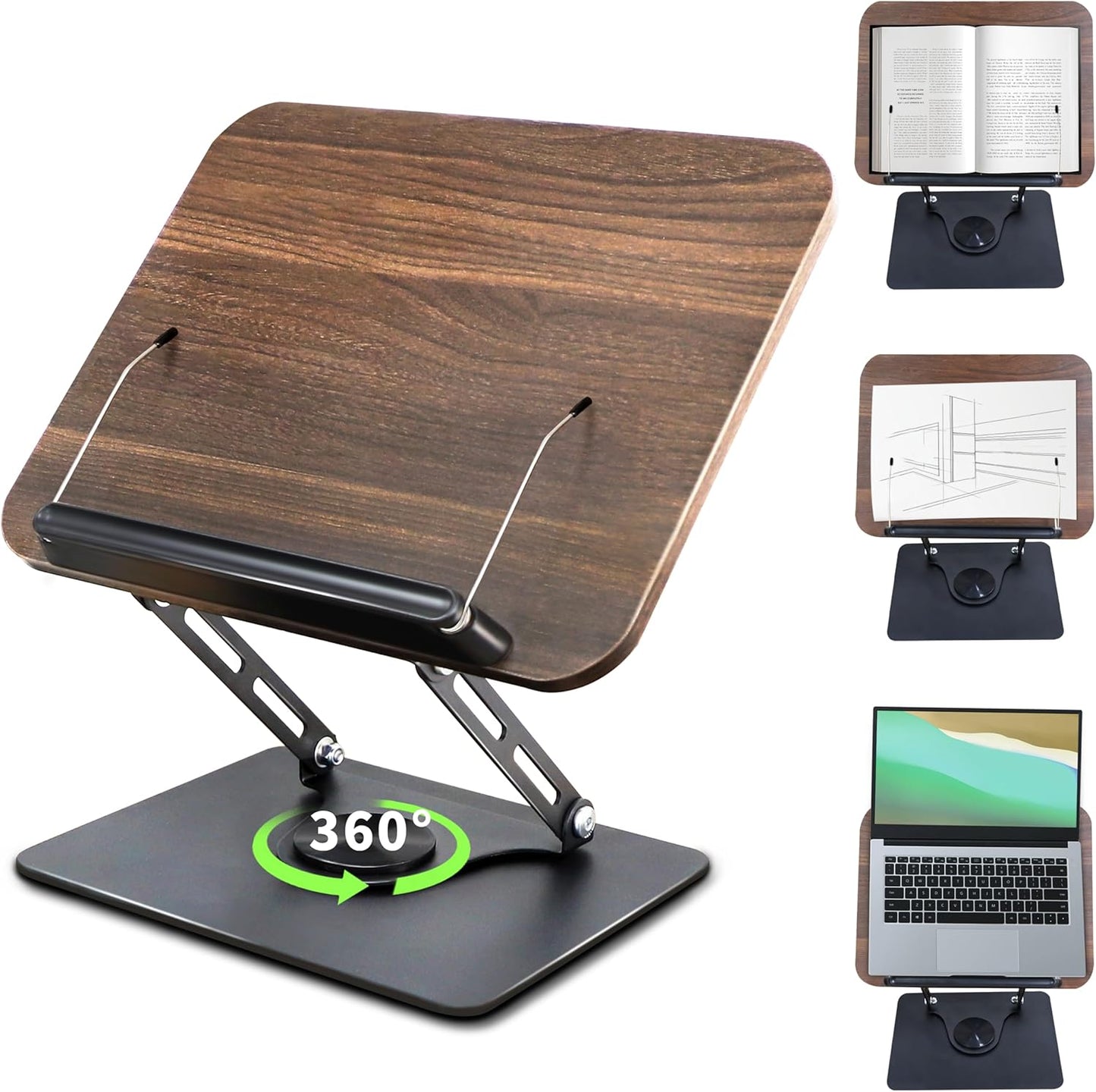 Book Stand for Reading, Multi-Angle & Height Book Holder with 360° Swivel Base, Lightweight Foldable Cookbook Stand for Kitchen, Office, Textbook, Recipe, Music Scores, Kindle, Tablet