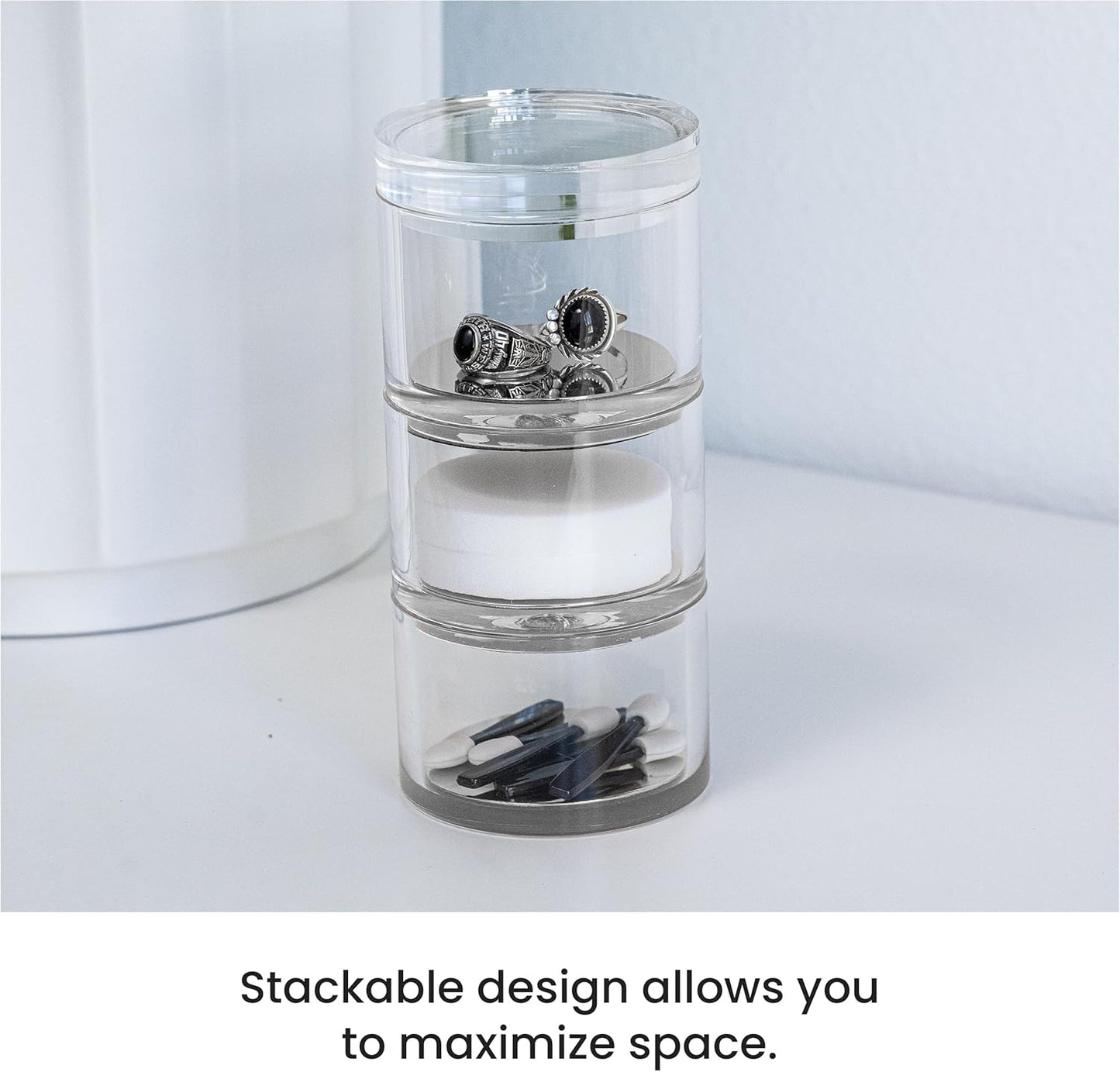 OfficeGoods 3-Tier Stackable Acrylic Holder- Stylish Desk Organizer and Storage for Office or Home – Transparent Round Design with Gold Metal Base