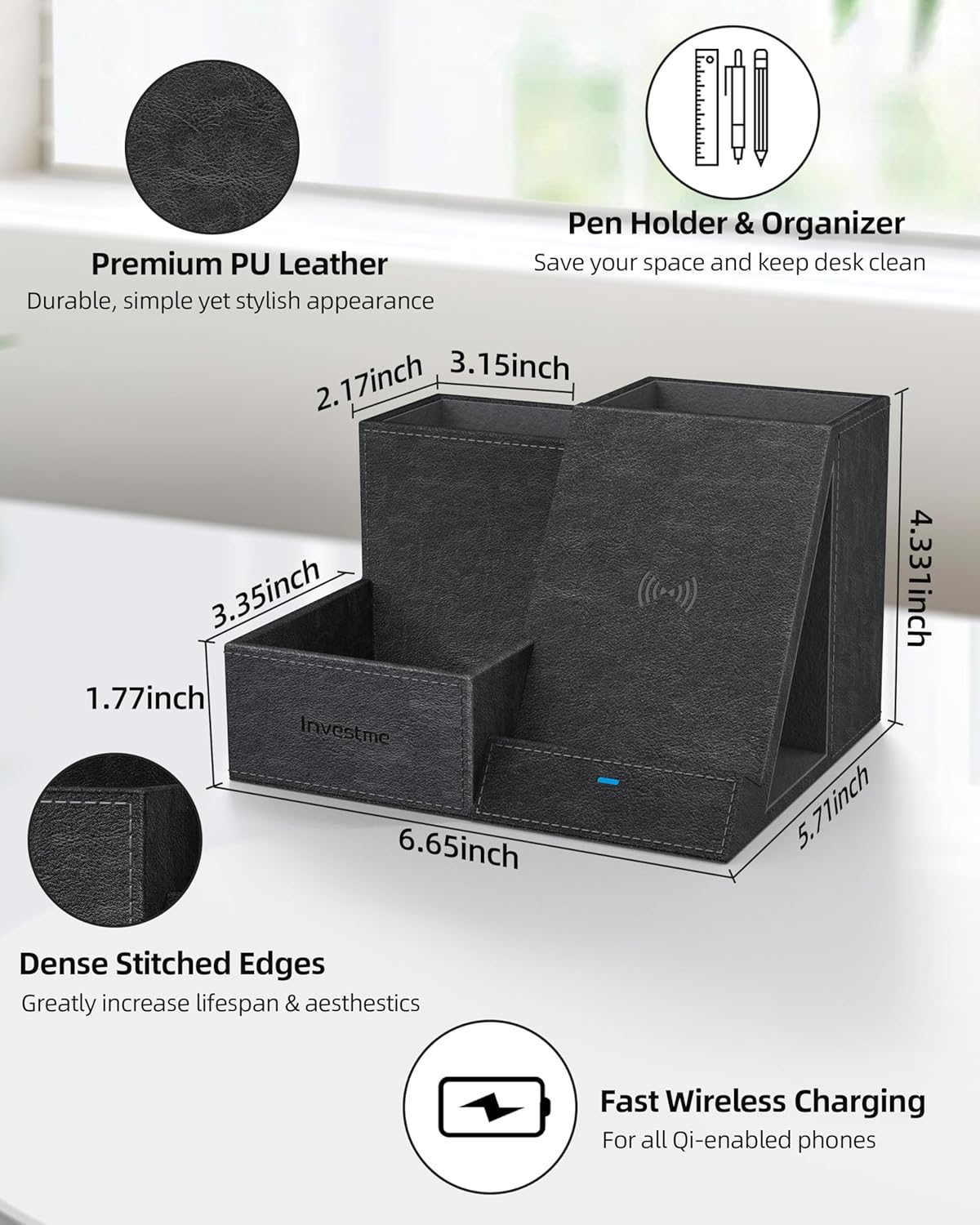 Wireless Charger with Desk Organizer, Pen Pencil Holder, Multifunctional Desktop Organizer, Office Supplies and Desk Accessories Organizer with 3 Compartments and 1 Phone Stand