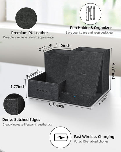 Wireless Charger with Desk Organizer, Pen Pencil Holder, Multifunctional Desktop Organizer, Office Supplies and Desk Accessories Organizer with 3 Compartments and 1 Phone Stand