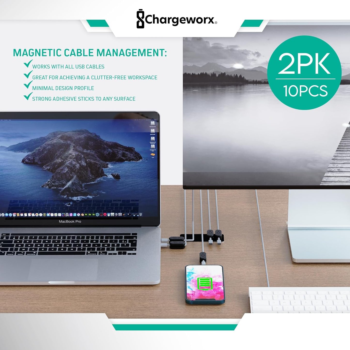 CHARGEWORX Pack of 5 Magnetic Cable Clips, Adhesive Cord Organizer for Desk, Nightstand, Wall or Car, Wire Holder for USB-C, Lightning and Micro-USB Cables