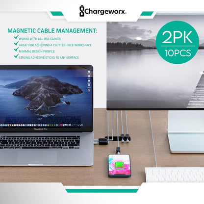 CHARGEWORX Pack of 5 Magnetic Cable Clips, Adhesive Cord Organizer for Desk, Nightstand, Wall or Car, Wire Holder for USB-C, Lightning and Micro-USB Cables