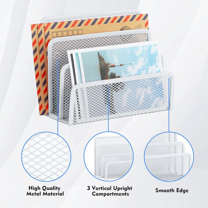 EASEPRES Desk Mail Organizer, Office Small Desktop Metal Mesh Envelope Letter Sorter Paper File Holder Organizer with 3 Vertical Upright Compartments, Black 1 Pack