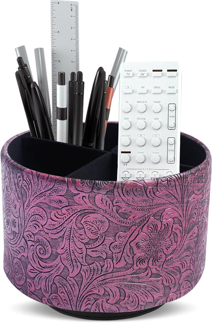 lizimandu Round Leather Art Supply Organizer,Remote Control Holder,360 Degree Spinning,Multi-Functional Pencil Holder,4 Compartments Desktop Stationary Organizer(1-Gold) - Colors B