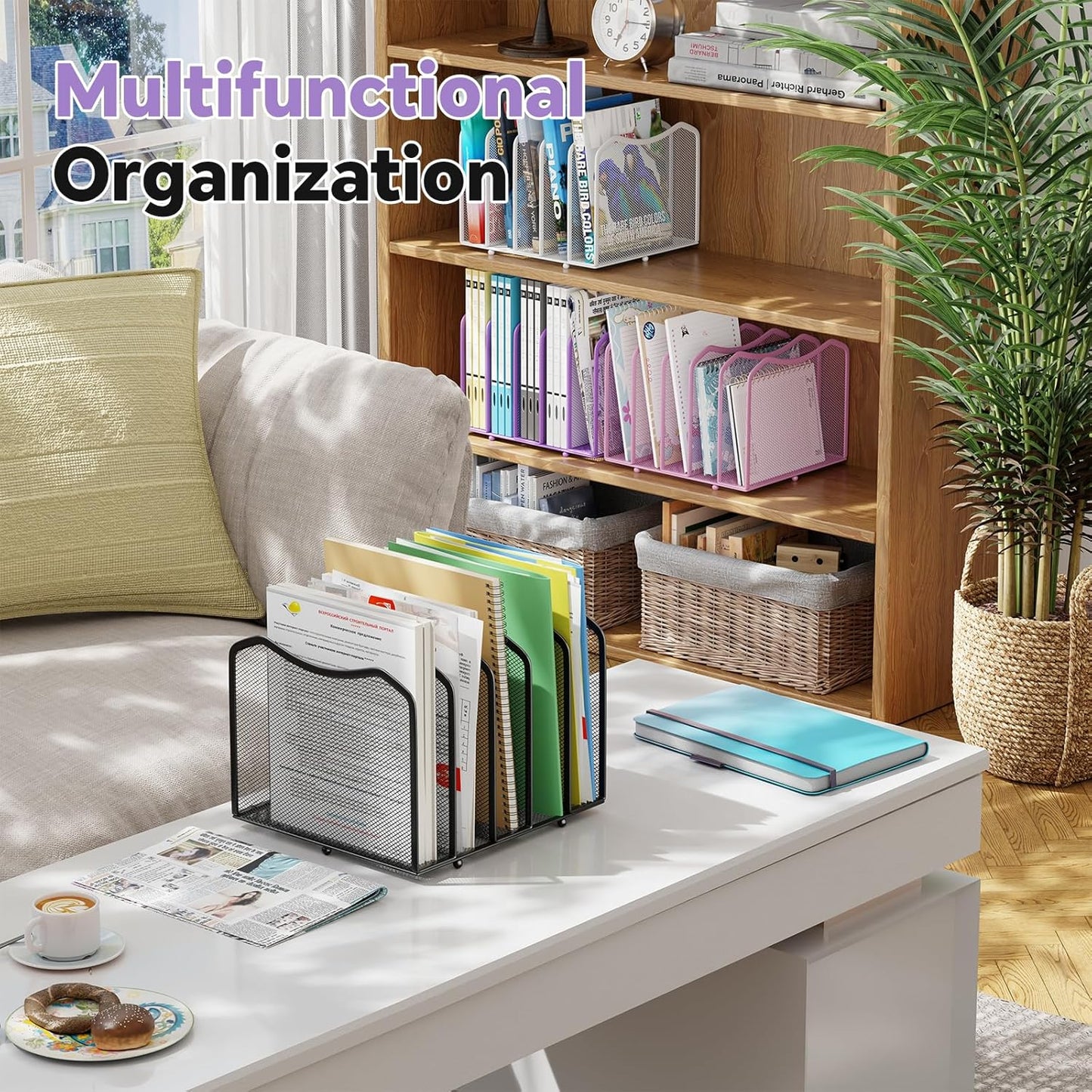 Simple Trending Mesh Desktop File Sorter Organizer, 5-Section Bookshelf for Desk Home Office, Black