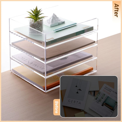 SANRUI 4-Tier Acrylic Stackable Desk Organizer Trays – Clear Vertical Paper Tray for A4/Letter Files, Folders & Office Supplies – Modular Desktop Storage Shelf, Workspace & Home Organization