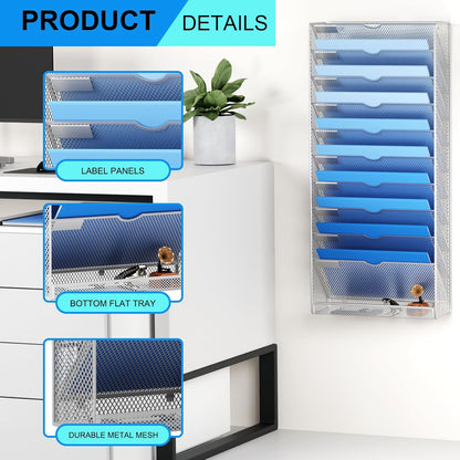 Wall File Organizer Holder Mesh Hanging Paper Document Holder,Vertical 6 Pocket Tier for Office Home, Black
