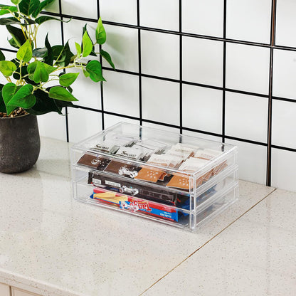 Cq acrylic Drawer Organizer with 3 Long Drawers,Stacking Office Supply Organizer and Desk Pen Storage and Stationary Organizer,Clear Makeup Storage Organizer for Palettes,Cosmetic, Beauty for Vanity