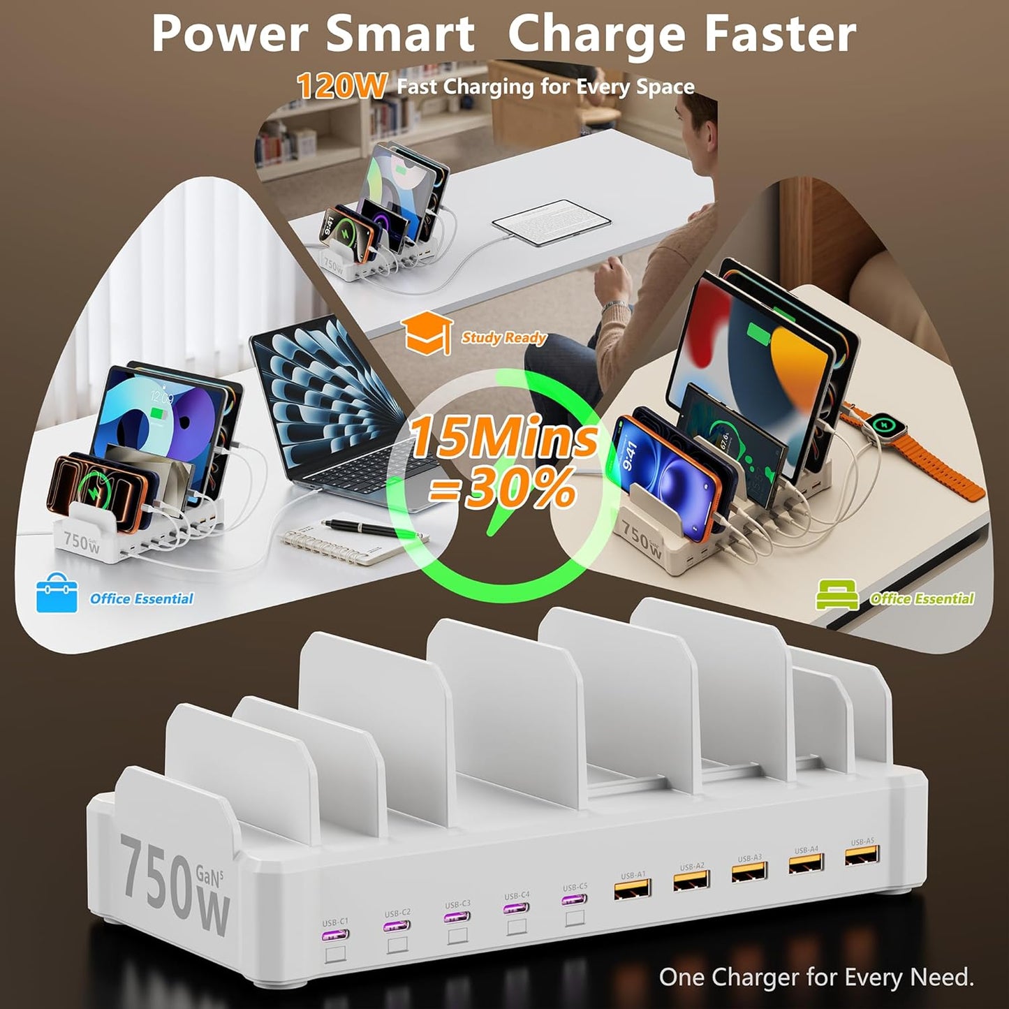 750W Charging Station for Multiple Devices, Zobirez 10-Port Fast Charger, 5 USB-C 120W Each and 5 USB-A 30W Each, Desktop Charging Hub for Laptop Phone Tablet, Black