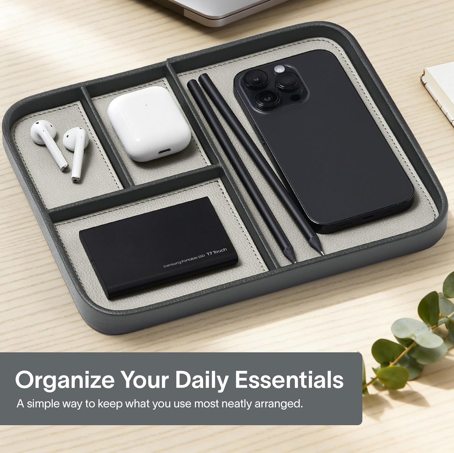 Nordik Leather Valet Tray - Pebble Black - 9.5 x 7.9 Inch Medium Vegan Leather Tray - Stylish Nightstand Organizer for Men - Modern Bedside Caddy - EDC Catchall for Key Watch Wallet Jewellery