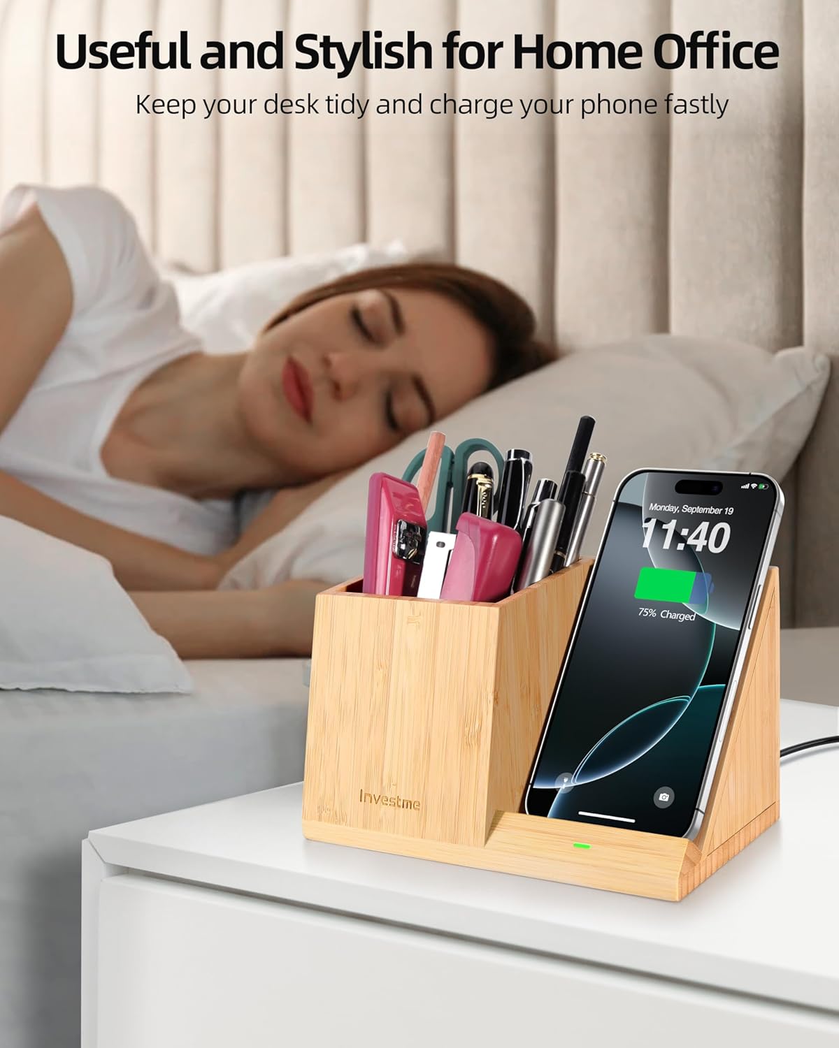 Bamboo Pen Holder with Wireless Charger, Desk Organizer with 5 Compartments for Home Office Supplies Compatible with iPhone & Samsung Series