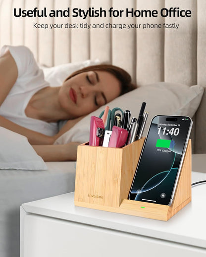 Bamboo Pen Holder with Wireless Charger, Desk Organizer with 5 Compartments for Home Office Supplies Compatible with iPhone & Samsung Series
