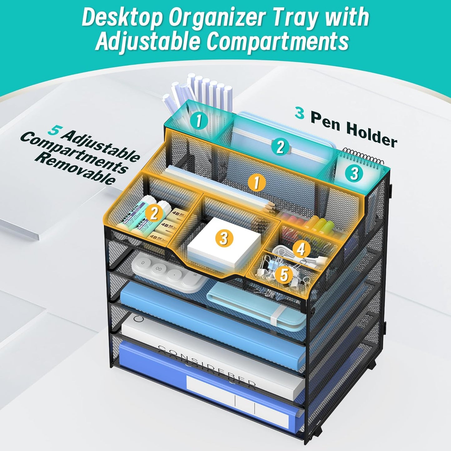 5 Tier Mesh Desk Organizer,Multi Functional Letter Paper Tray with 3 Pen Holders and 5 Adjustable Storage Compartments for Office Supplies Files and Mail Space Saving Desktop Organizer-Black