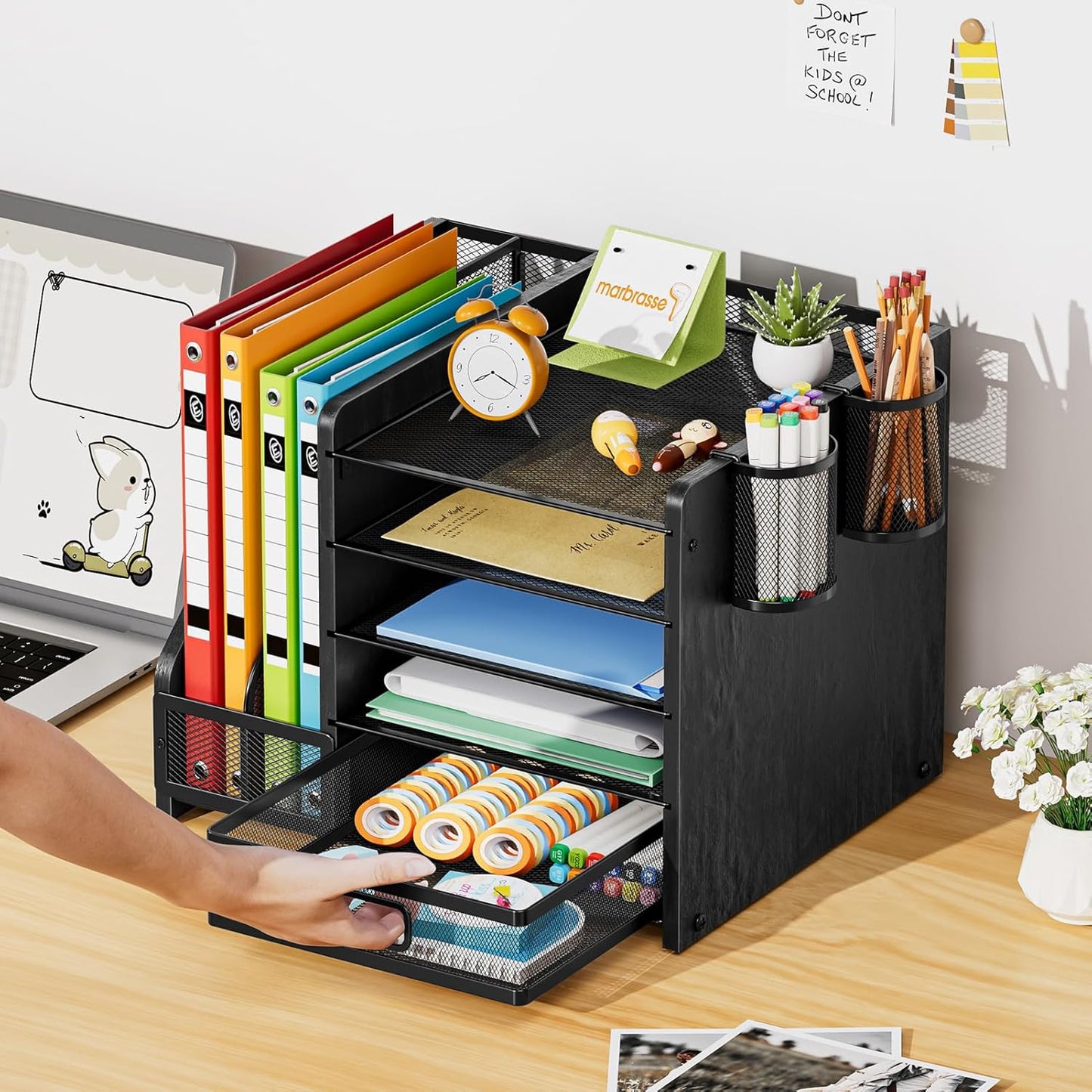 Marbrasse Desk Organizer with File Holder, 5-Tier Paper Letter Tray Organizer with Drawer and 2 Pen Holder, Mesh Desktop Organizer and Storage with Magazine Holder for Office Supplies(Black)