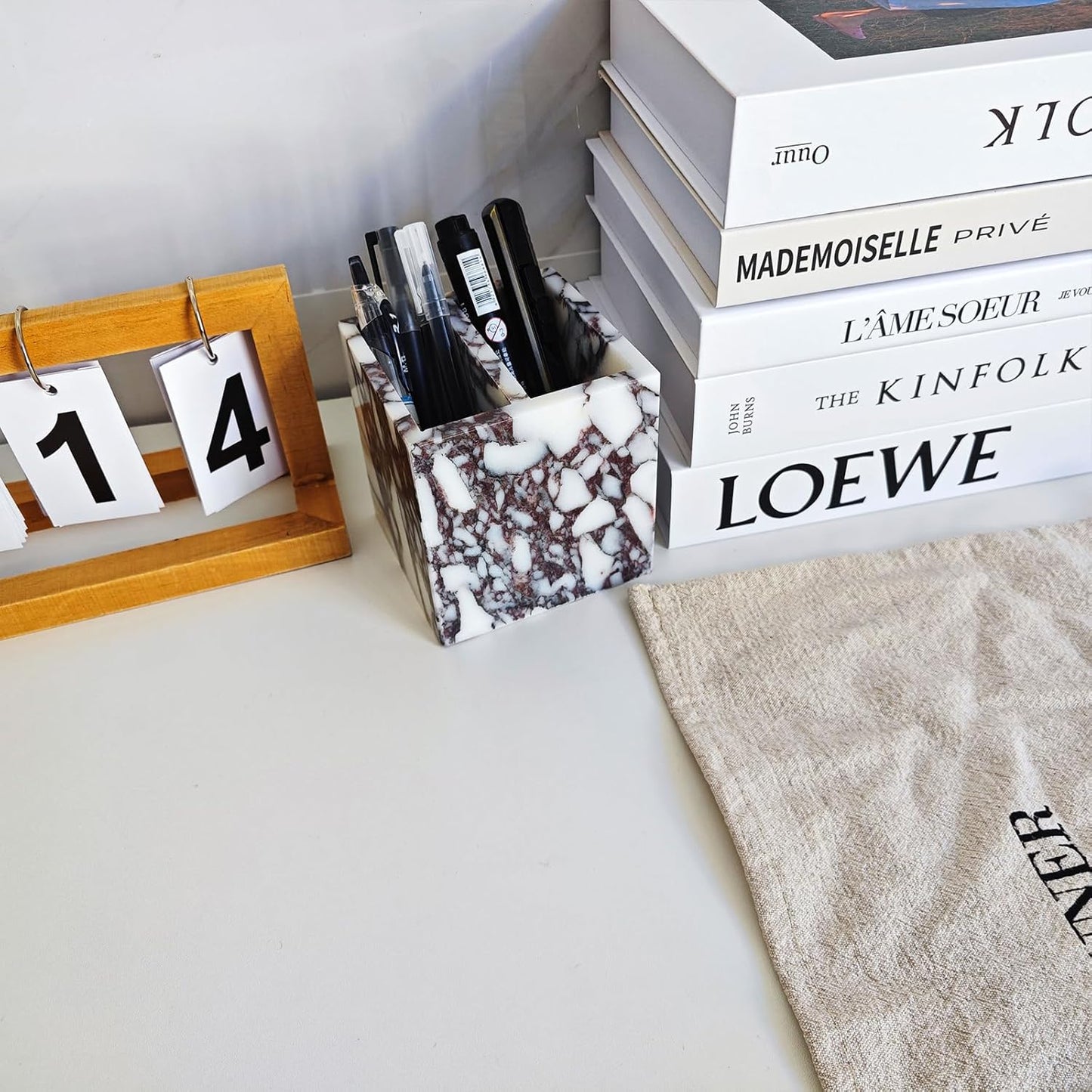 Marble Pen Holder, White Stone Rectangular Desktop Organizer, Office Study Makeup Brush Storage, Home Desk Decor, Minimalist Design, Durable Marble Accessory