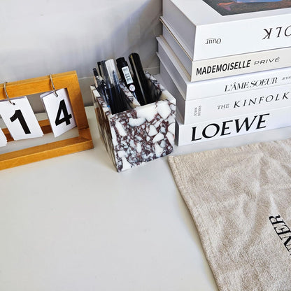 Marble Pen Holder, White Stone Rectangular Desktop Organizer, Office Study Makeup Brush Storage, Home Desk Decor, Minimalist Design, Durable Marble Accessory