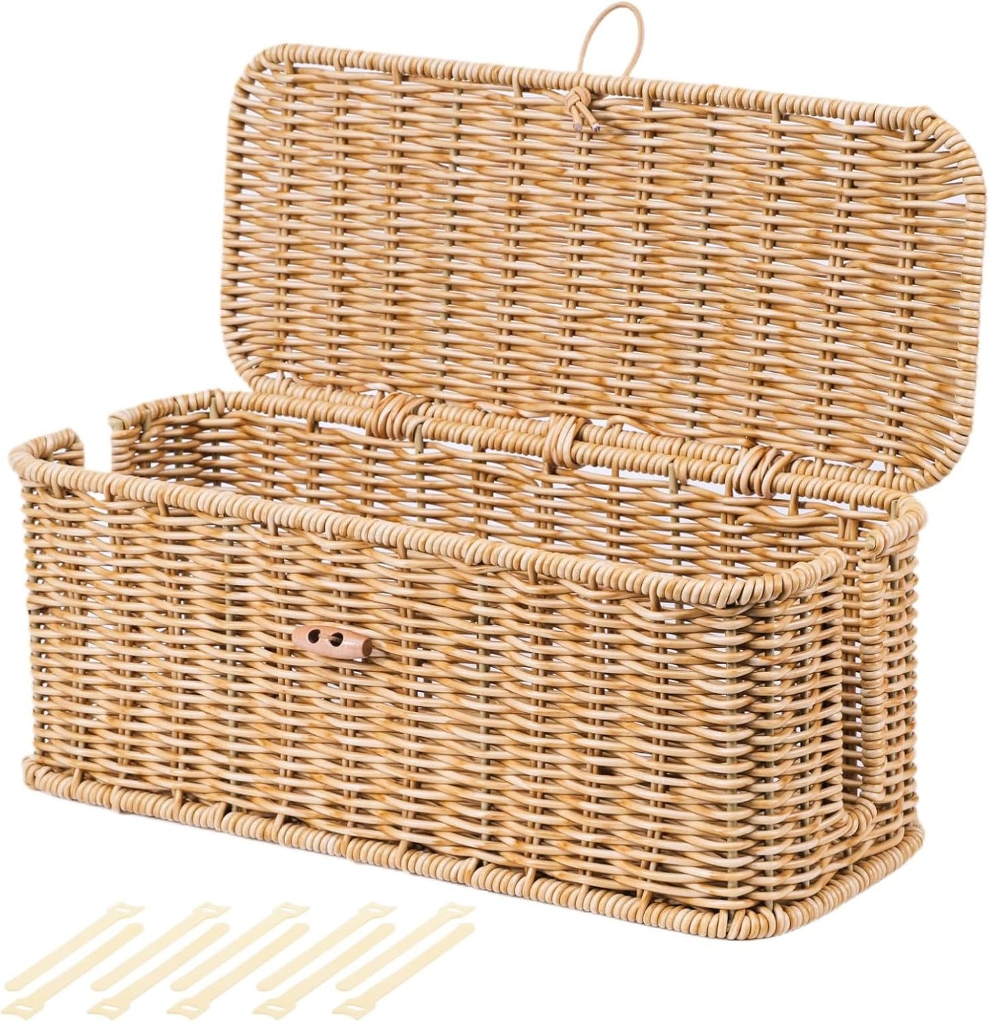 BROWNLILY Cable Management Box, Rattan Style Cord Organizer for Desk Cord Hider Outlet Covers Baby Proofing for Power Strip TV PC Router Charger Under Desk Storage with Lockable Lid and Cable Ties