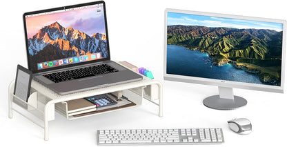 Simple Houseware Metal Desk Monitor Stand Riser with Organizer Drawer, White