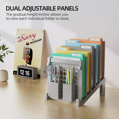 File Organizer for Desk with Storage Box & Hook, Inclined Desk File Organizer with 5-Section Vertical File Holder Suitable for Home Office Document Organization (Black)
