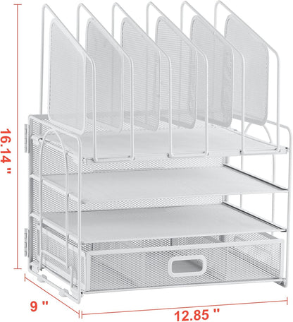 Marbrasse Desk Organizer with Drawer, 4-Tier Mesh File Organizer with 5 Vertical File Holders and 2 Pen Holders, Multifunction Desktop Organizer,Desk Organizers and Accessories for Home Office