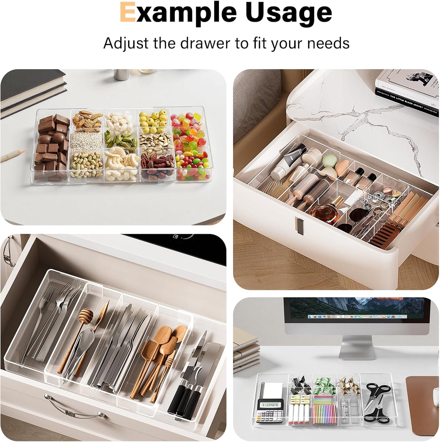 Acrylic Expandable Desk Drawer Organizer with 11 Adjustable Compartments and 6 Removable Dividers Desk Accessories for Office Kitchen Bathroom Makeup and Utensil Junk Storage (Clear, 2Pcs)