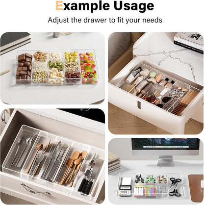 Acrylic Expandable Desk Drawer Organizer with 11 Adjustable Compartments and 6 Removable Dividers Desk Accessories for Office Kitchen Bathroom Makeup and Utensil Junk Storage (Clear, 2Pcs)
