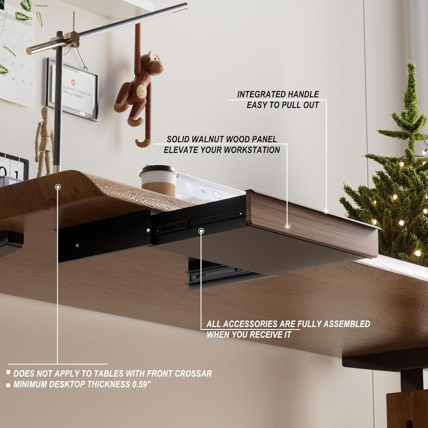 Under Desk Drawer, Solid Walnut Wood Panel – Sturdy Ball Bearing Slides, Easy Under-Desk Mount, Integrated Handle, Desktop Organizer for Office & Home Workstation