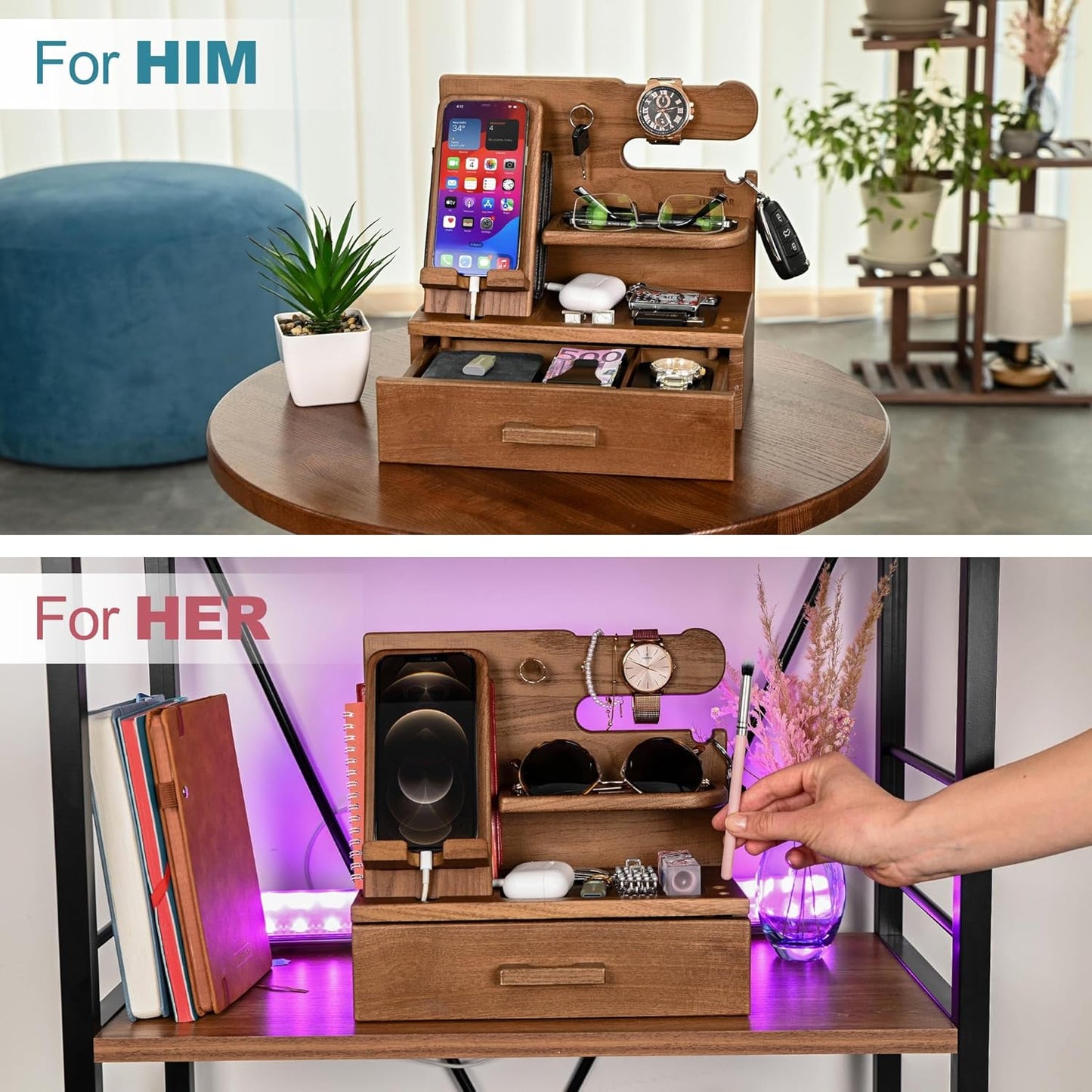 TESLYAR Wood Phone Docking Station with Drawer - Nightstand Organizer - Desk Organizer for Husband - Birthday Gifts for Men, Dad, Anniversary Idea, Key Holder Stand Watch & Accessories (Antique Brown)