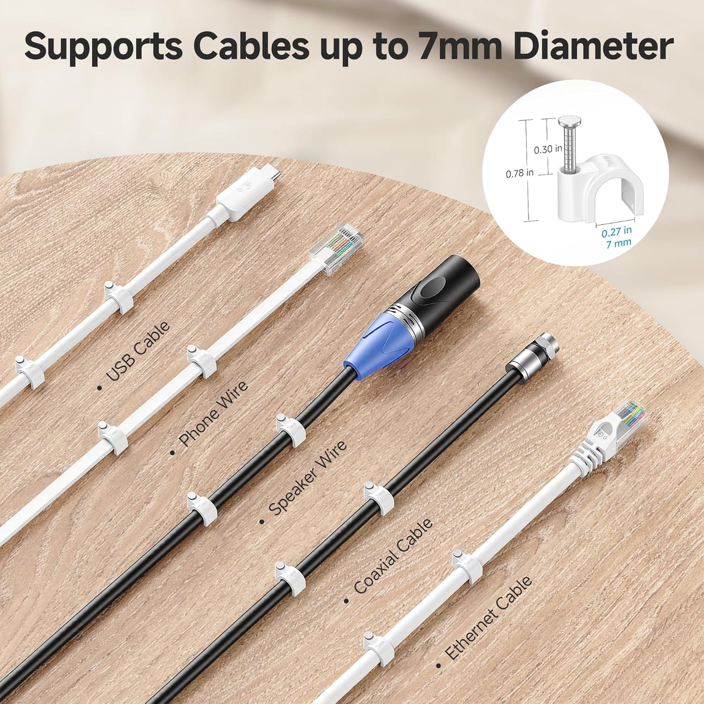 Cable Matters 200-Pack Nail-in Cable Clips Cord Organizer, 7mm / 0.27 inches, Ethernet Cable Wall Clip, Wire Wall Clips, White